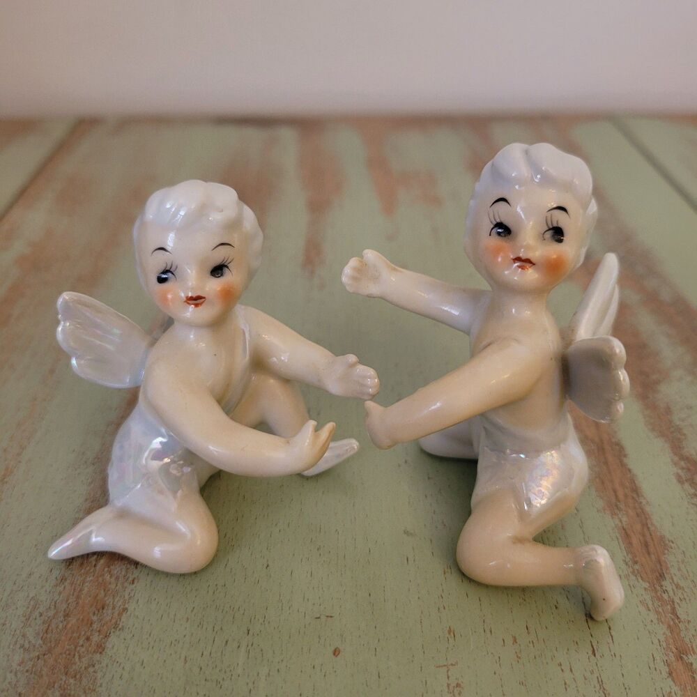 Vintage Japan Iridescent Fairy Pixie Figurines Candlehuggers • Pair